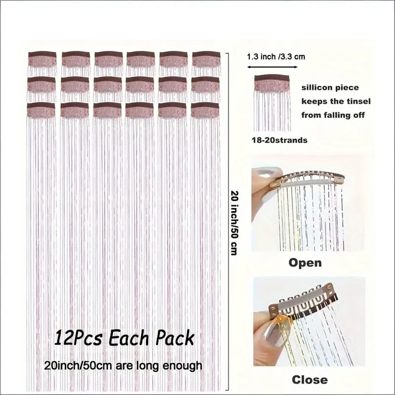 12pcs Per Pack of BB Hair Clips Shiny Metallic Hair Extensions with Clips Synthetic Hair Sparkling Hair Accessories for Women