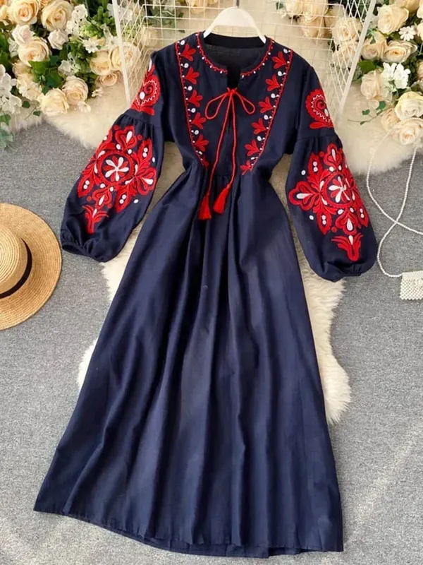 Női őszi ruhák Bohém hímzett virágos O-nyakú lámpás ujjú, magas derékú, redőzött ruha, Női Vestidos PL393