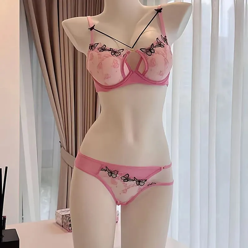 Spring/Summer Sexy Sweetheart Black Butterfly Embroidered Pink Bra With Steel Rim Thickened For Small Breasts Women Bra Set — image 8
