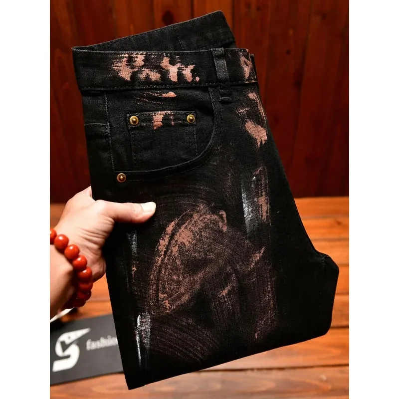 Jeans Hitam Musim Gugur 2025 Pakaian Pria Jalanan Gambar Grafiti Inkjet Pria Celana Denim Retro Kelas Atas Tren Nostalgia