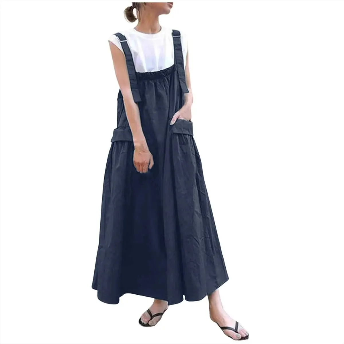 Women Fashion Suspender Dress With Long Straps Large Pockets And Over The Knee Pocket Straps Midi Dresses For Women Robe Femme