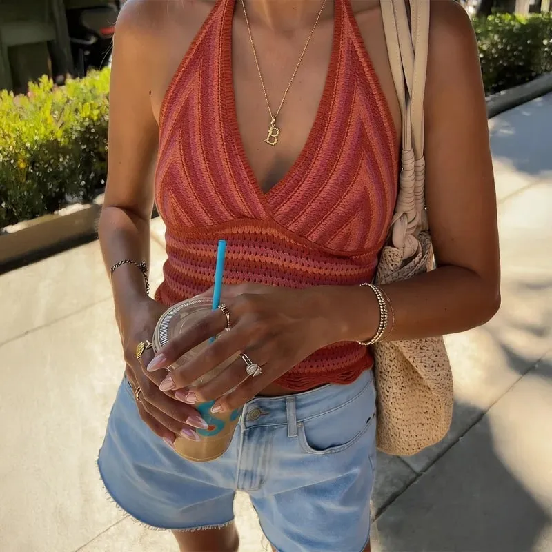Women Spring Summer Halter Knit Cami Top Deep V Neck Gradient Stripe Sleeveless Cropped Tank Top Casual — image 1
