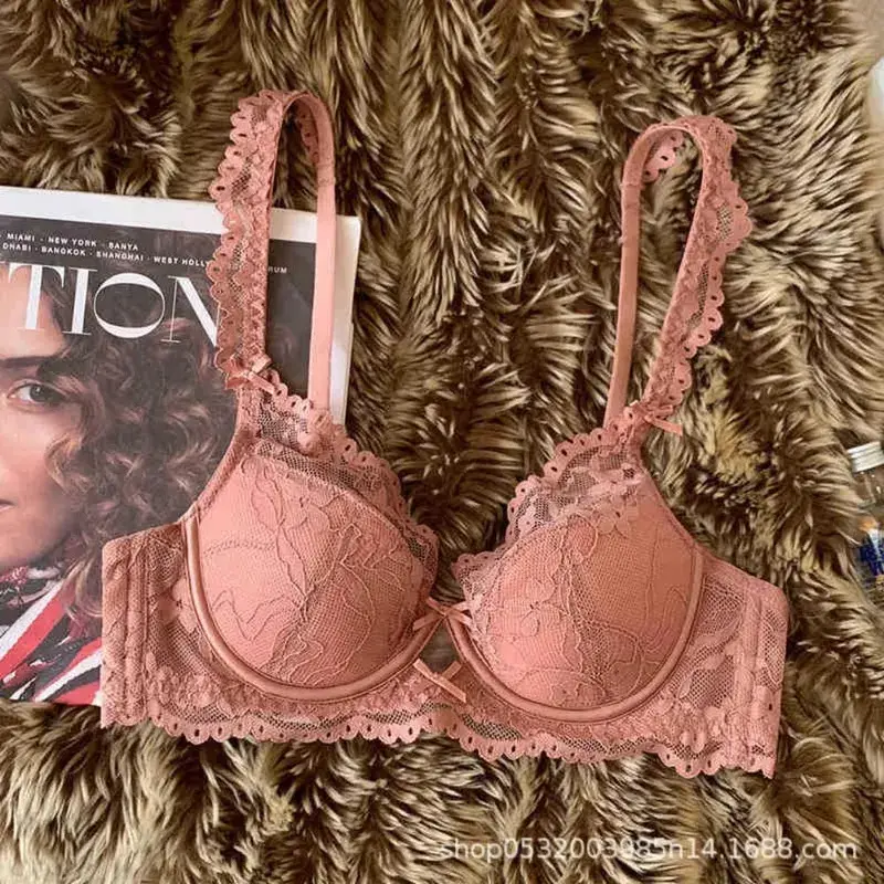 Set Lingerie Renda Lengan Flutter Prancis Wanita Bra Minimizer Punggung Cantik Seksi Bersirkulasi Cup Tipis Berkawat Lembut 32 ‑ 38