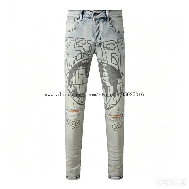 Luxury Streetwear Men's Jeans Americans Style Holes Long Trousers Quality Male Stretch Slim Pants Skinny Trousers — image 5