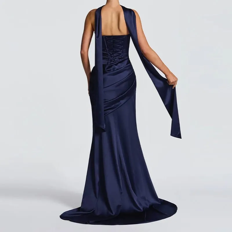 Mulheres sexy plissado sem alças vestido de cetim chique sólido fora do ombro sem costas cintura alta bodycon vestidos 2026 novo vestido de festa à noite — image 7