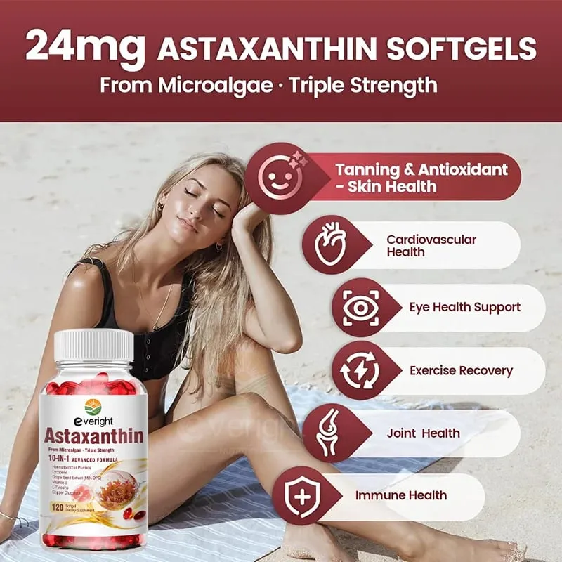 Astaxanthin 24mg – Antioksidan Kuat untuk Sistem Kekebalan Mata Kulit – Formula 10-in-1 Lycopene Grape Seed Vitamin E & Zinc