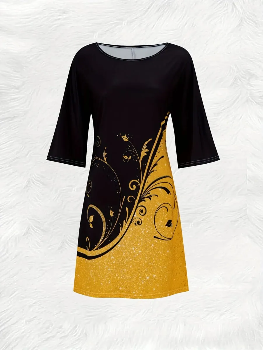 Printed Design black and gold short-sleeved T-shirt dress