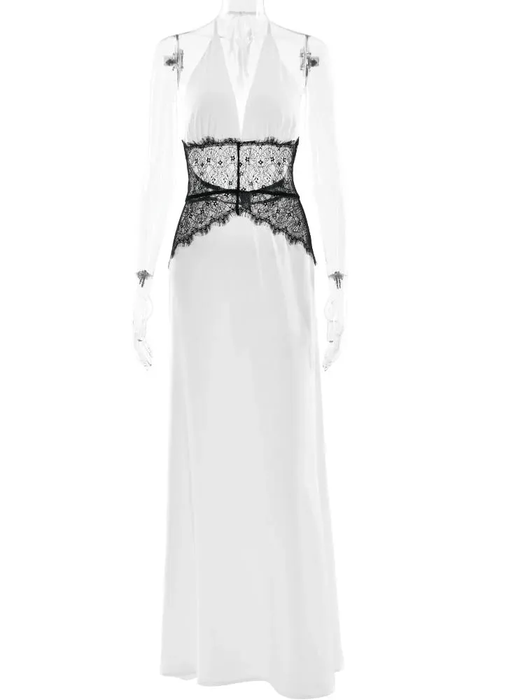 MO Patchwork Lace Print Polka Dot Halter Women Maxi Dress Sexy Backless Evening Dress Winter Skinny Elegant Party Dress — image 6