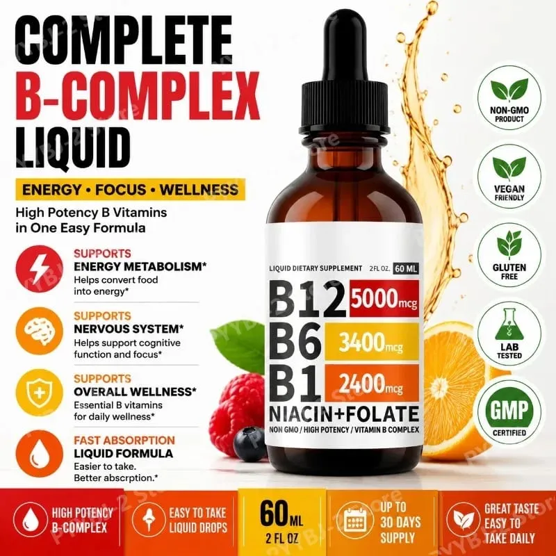 Vitamin B12 Liquid Drops 60ml Raspberry Flavor with Vitamin B6+B1 Etc Multivitamin Support Energy Recovery & Brain Heart Health — image 1