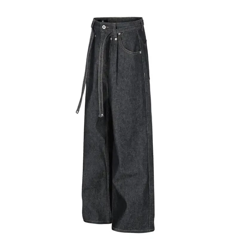 American-style Distressed Washed Jeans Visible Stitching Belt Unisex Loose-fitting Wide-leg Straight-leg Denim Pants 9X3768 — image 4