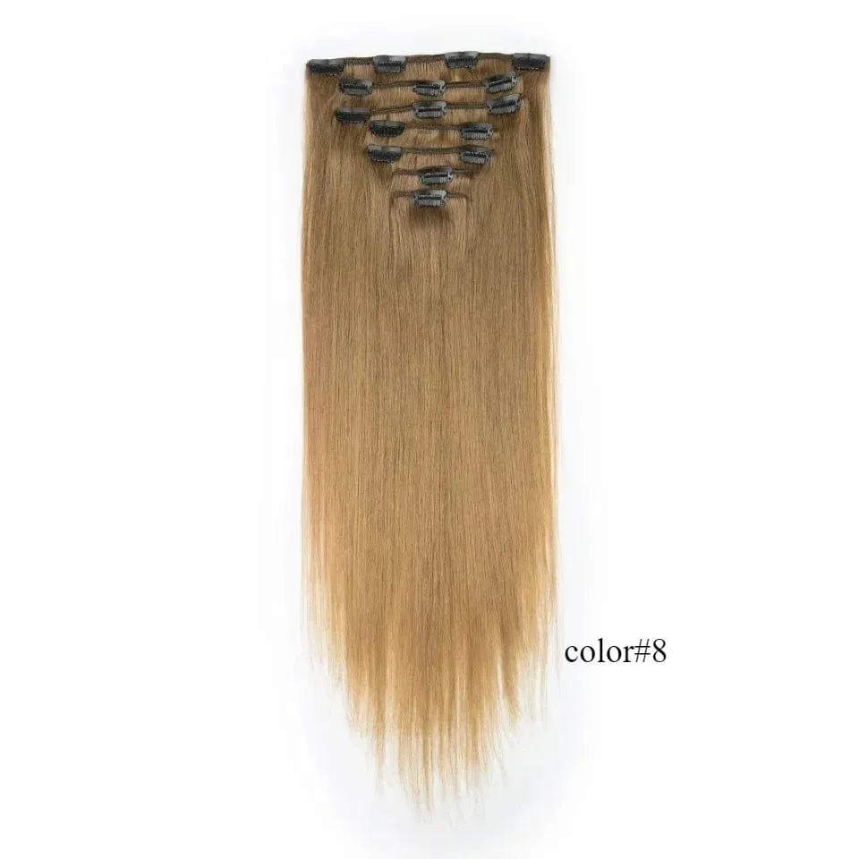 7PCS Double Weft Balayage Clip in Human Hair Extensions Light Brown to Bleach Blonde Ombre Remy Natural Straight Seamless for Wo