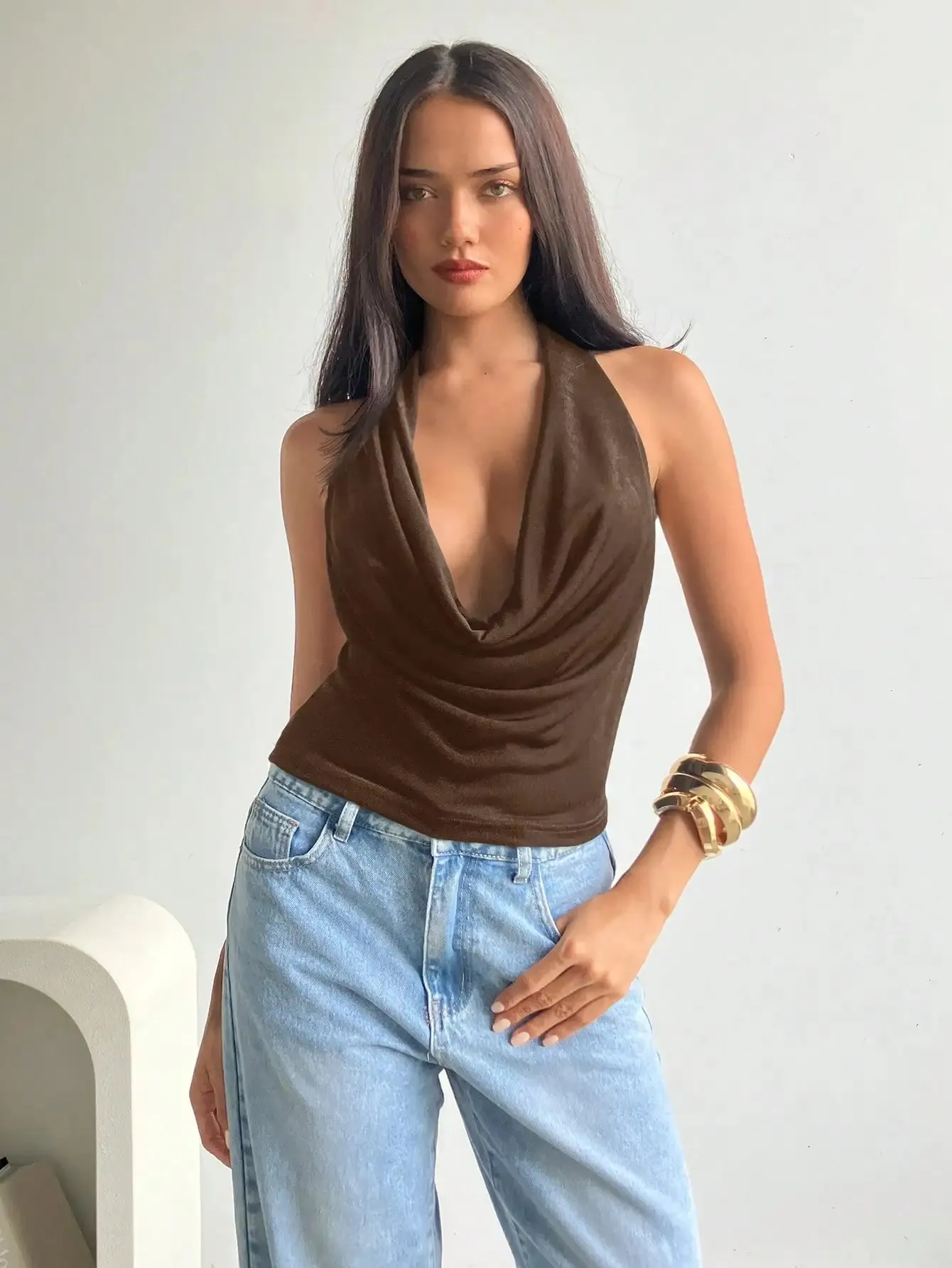 Women Halter Cowl Neck Deep Draped V Neck Sleeveless Slim Fit Cropped Cami Top 2026 Summer Solid Black Elegant Going Out Casual