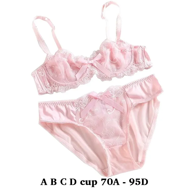 high quality sexy women bras and brief two piece set push up A B C D cup wire summer lingerie underwear pink purple white — image 2