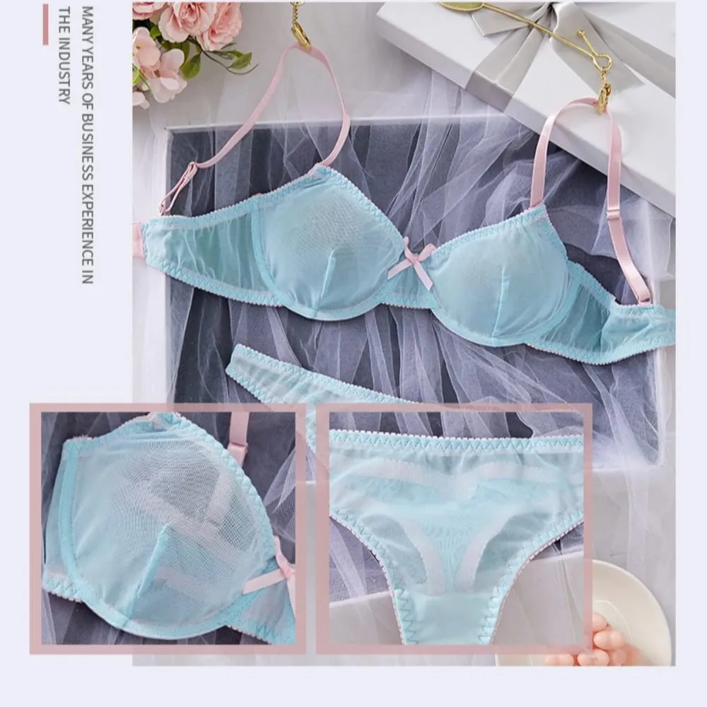 Blue Mesh Patchwork Splicing Thin Strap Strappy Semi Sheer Lightweight Lace Sexy Underwear Apparel Women Bra Briefs Lingerie Set