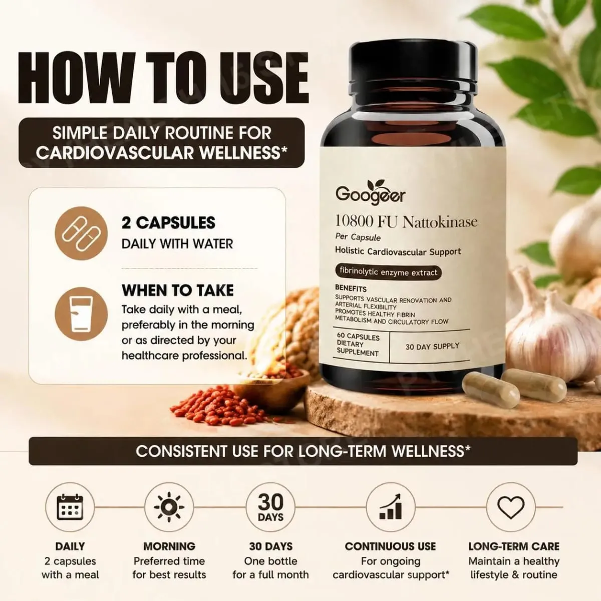 Googeer Advanced Enzyme CoQ10 Formula Capsules Clean Vegan Non GMO Daily Wellness Support Supplement 60 Capsules Easy Use