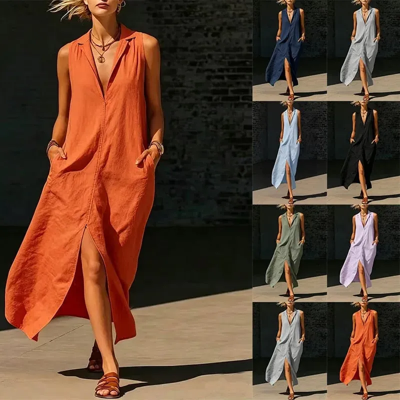 Casual Lapel Loose Sleeveless Maxi Dresses For Women Summer Tank Split Beach Long Dress Solid Colors With Pockets 2026 Sundress — image 1