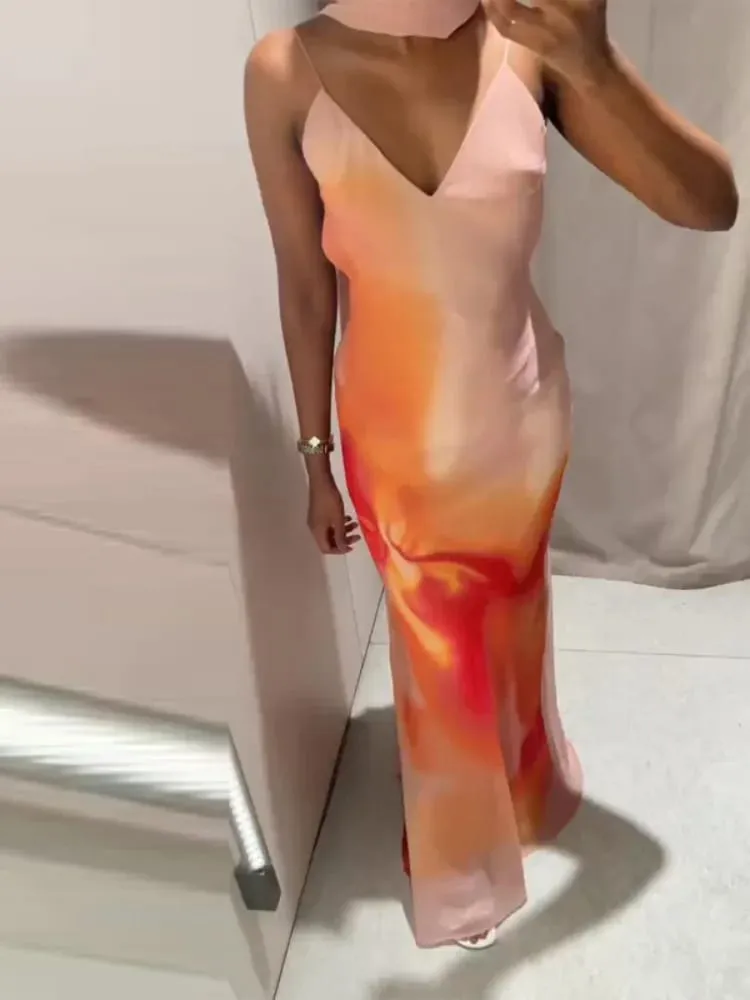 Elegant Tie-dye Gradient Print Sling Lang Kjole Med Halstørklæde Kvinder Ferie Ærmeløs Rygløs Aftenkjole Sommerferie Kåber