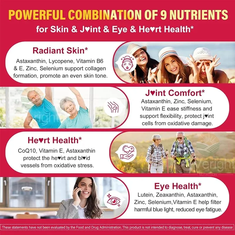 Liposomal Astaxanthin Supplements na may Lycopene CoQ10 Lutein Vitamin B6 E Zinc Antioxidants para sa Malusog na Balat na Pagtanda ng Mata — image 2