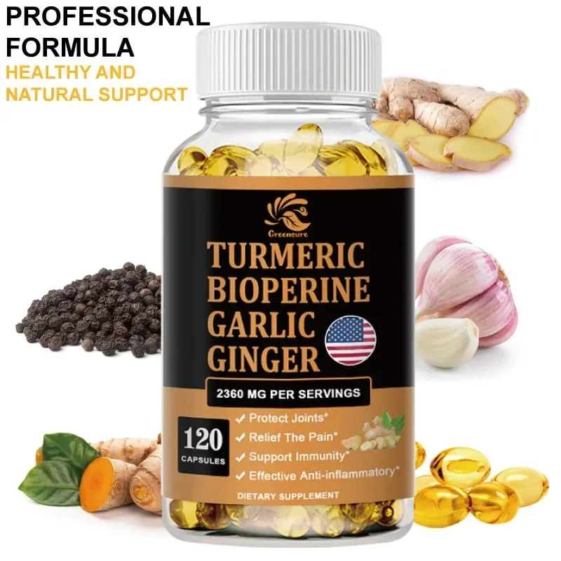 Curcumin Ginger Root Garlic Pills Black Pepper Supplements - for Joint Digestion & Immune Support