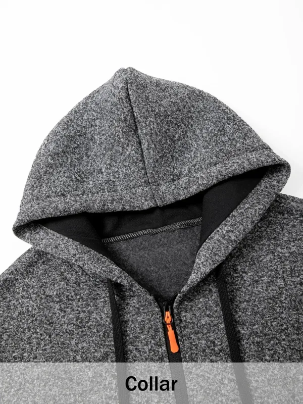 2Pcs Set Men Mid-Length Full Zip Hooded Jacket Fleece Lined Warm Coat with Drawstring Hood & Zipper Pockets Casual Outerwear for Fall Winter Daily Wear