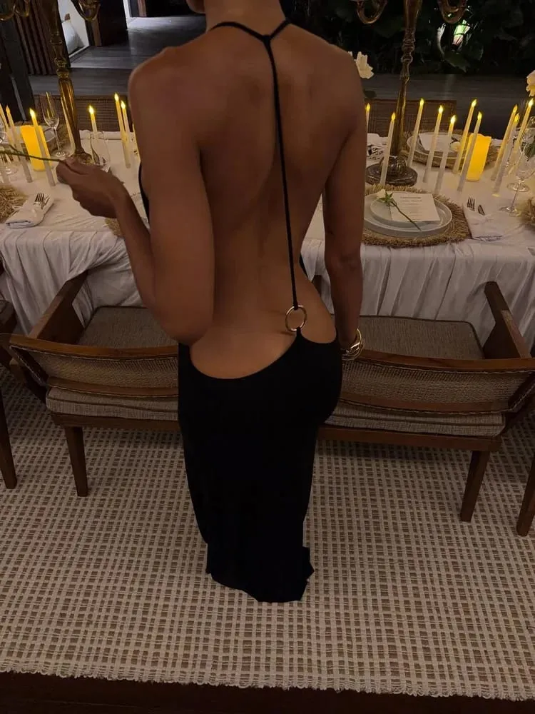 Tossy Abito lungo aderente da donna con scollo all'americana e schiena aperta, cinturino per spaghetti, anello dorato, abito da sera da sera, abito lungo da spiaggia estiva
