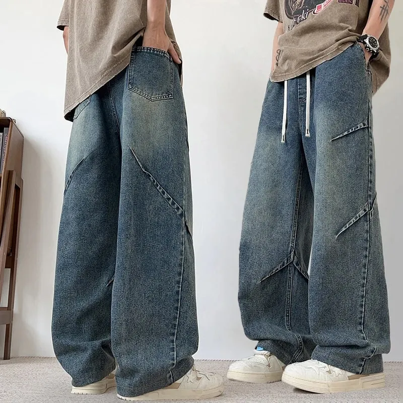 Spring And Summer Korean Retro Men'S Jeans Loose Wide Leg Pants Casual Straight Leg Pants Drawstring Workwear Pants — image 2