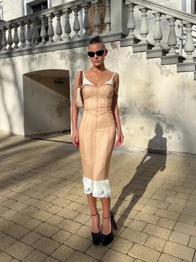Frauen Spitze Patchwork Sling Kleid Mesh Midi Abdeckung-up Durchsichtig Ärmellose Spaghetti Strap Kleider 2026 Sommer Sexy Chic tragen