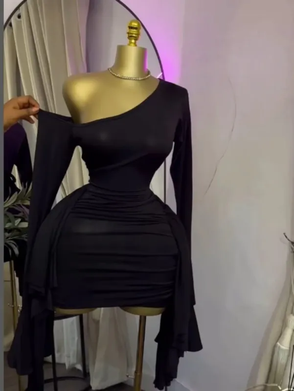 Women Drop Shoulder Flare Sleeve Ruffles Side Bodycon Midi Mini Dress 2026 Birthday Holiday Trendy Dresses Vestidos — image 8