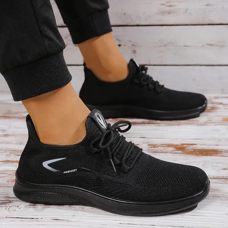 Men Breathable Knitted Running Shoes Anti Slip Trainers Arch Support Shock Absorbing EVA Sole Low Top Lace Up Sports Footwear