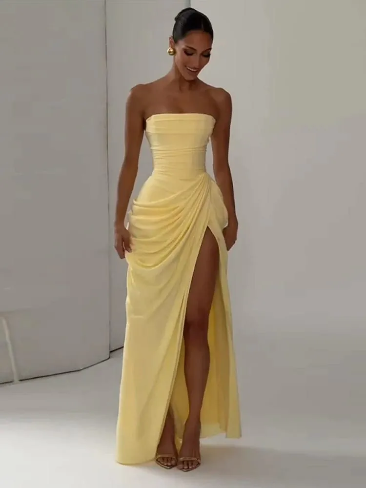 Sexy Solid Pleated Strapless Dress Lady Chic Off-shoulder Backless High Waist Split Dresses Women 2026 New Evening Party Gown — image 3