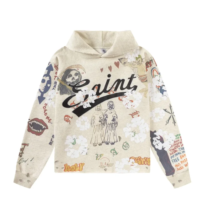 24FW SAINT Vintage Angel Printed Distressed Women Men Hooded Sweatshirt Hoodies Oversized Men Casual Cotton Pullover Hoodie