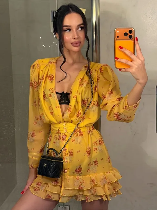 Floral Print Ruffle V Neck Waist Cinching Long Dresses Split Hem Single Breasted Maxi Dress 2026 Party Beach Vacation Vestidos