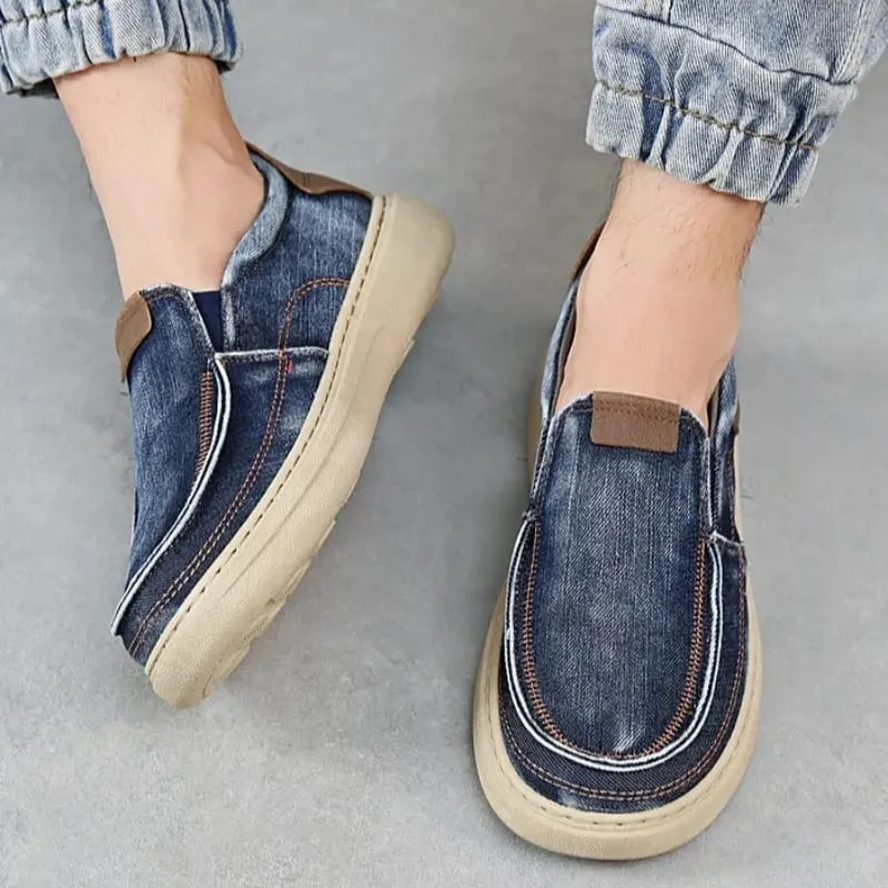 New Quality Denim Cloth Casual Man Shoes Fashion Men's Sneakers Slip on Walking Flats Breathable Lightweight Driving Work Shoes — image 2