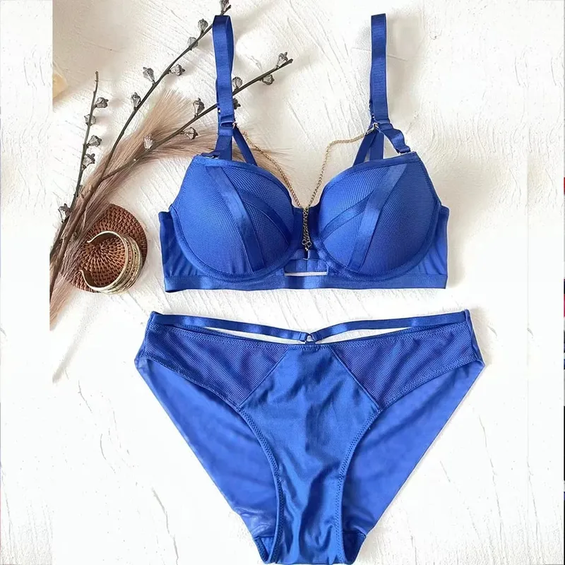 Metal Chain Mesh Underwire Bra Set Women Sexy Hollow Out 2 Piece Lingerie Push Up Bra & Panty