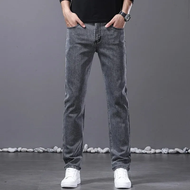 Spring New Men's Straight Jeans Comfortable Elastic Casual Business Work Trousers Retro Blue Fashion Fit Washed Denim Pants