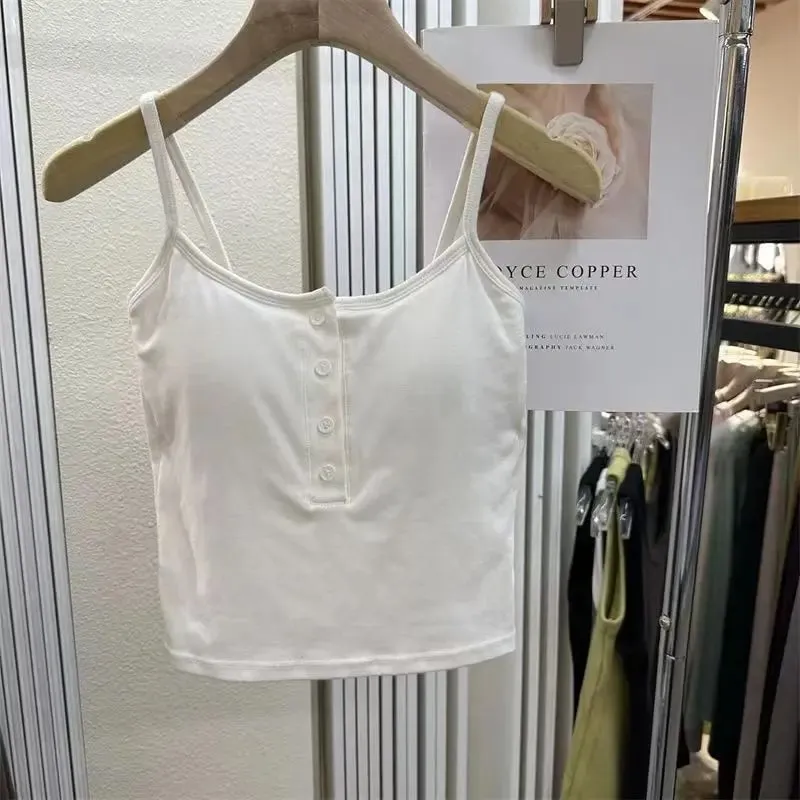 Integrated Stripe Women's Vest Inner Wear Outer Wear Button Fixed Cup No Bra Sports Top Short Style Cotton 100% Short Vest