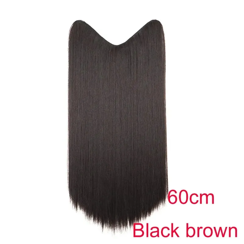 Synthetic 24Inch Long Straight One Piece Hair Extension 4 Clips V-shaped Hairstyle Black Brown Hairpiece for Women Daily Use