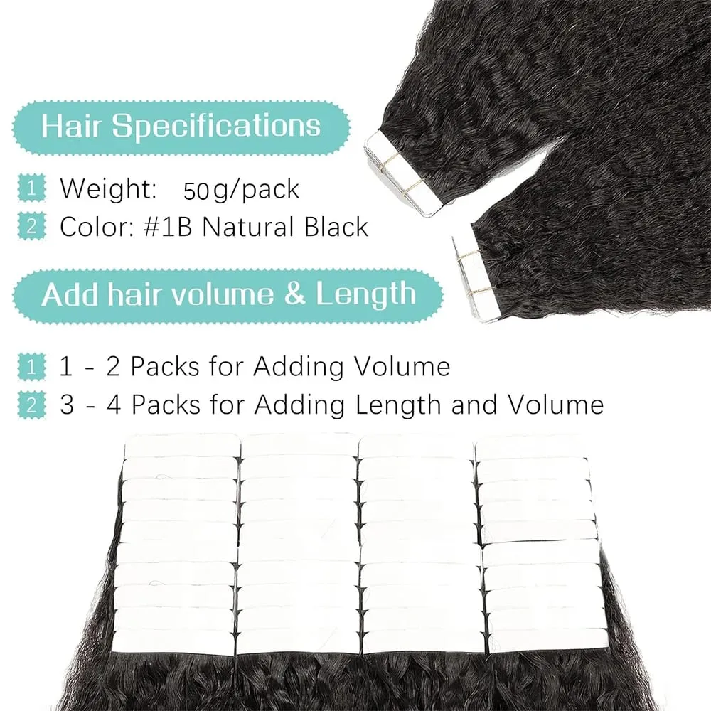 Kinky Straight Tape In Hair Extensions 20Pcs/50g Yaki Tape Ins Invisible Adhesive Glue Seamless Full Head Remy 100% Human Hair — image 4