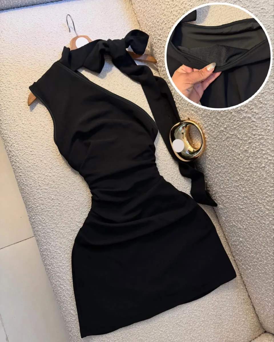 A Black One-Shoulder Halter-Neck Dress with a Bow Pleated and Fitted Short Dress Perfect for Everyday Outings and Attracting Attention a Sexy Little Black Dress for Dates — image 2