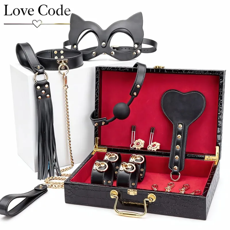 ของแท้หนัง BDSM Bondage ชุดของเล่นสำหรับคู่ Handcuff ข้อเท้า Cuffs COLLAR Gag Hogtie Restraints SM ชุดผู้ใหญ่รักเกม