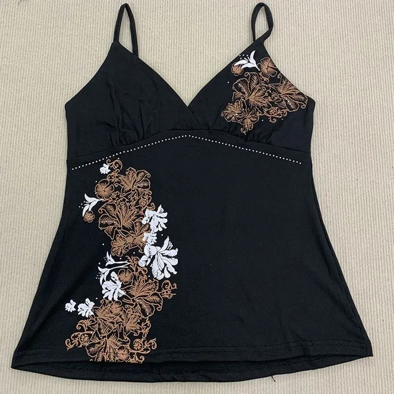 Aesthetic Flower Print Rhinestone Decorative Slim Camisole Summer V Neck Backless Fashion Street Vintage Harajuku Sleeveless Top