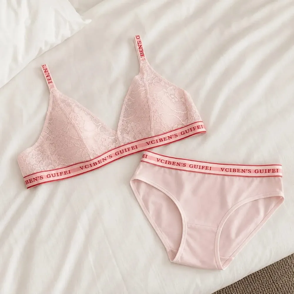 Comfortable Letter Design Lingerie Set Lace Wireless Women Underwear Suit Deep V Color Blocking Bra Panties Set Girl — image 2