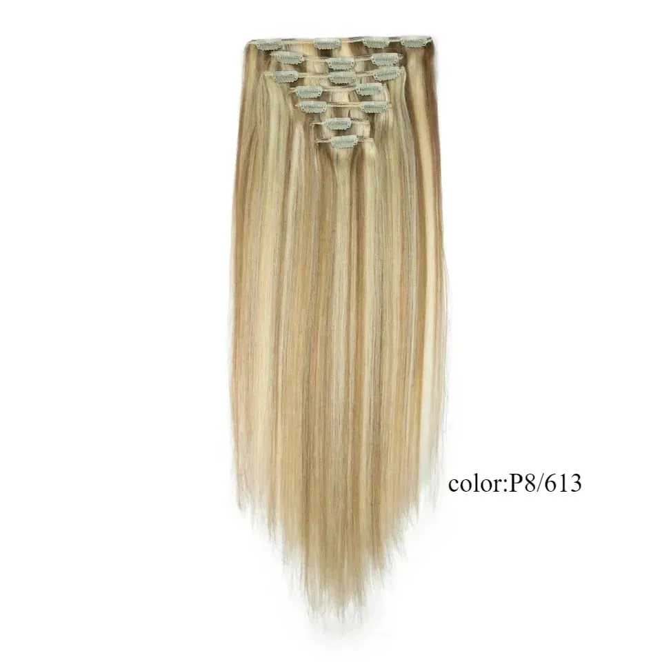 7PCS Double Weft Balayage Clip in Human Hair Extensions Light Brown to Bleach Blonde Ombre Remy Natural Straight Seamless for Wo