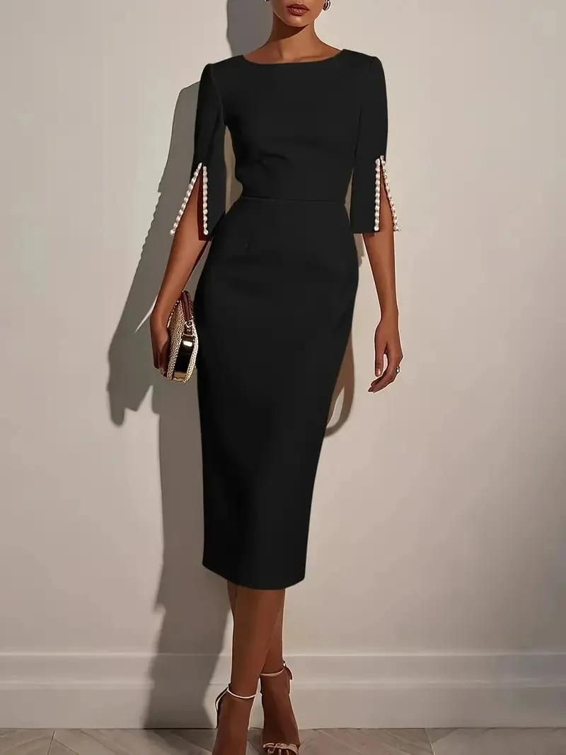 Women's Solid Color Pencil Midi Dress - Pearl Embellished Half Sleeve O-Neck Elegant Office Wear — image 5