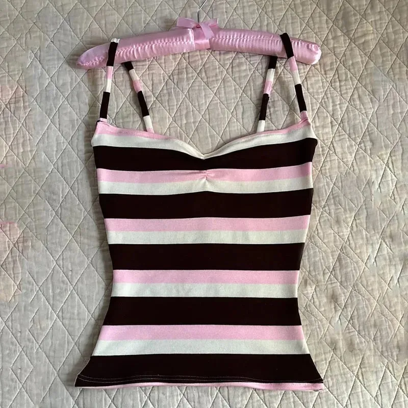 Color Block Stripe Twist Front Spaghetti Strap Cami Top Slim Fit Y2K Sweet Summer Sleeveless Tank Top — image 4