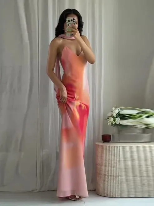 Elegant Tie-dye Gradient Print Sling Lang Kjole Med Halstørklæde Kvinder Ferie Ærmeløs Rygløs Aftenkjole Sommerferie Kåber