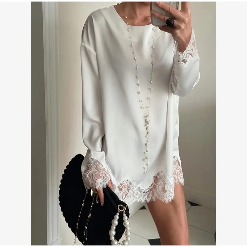 Women Light Blue Lace Satin Round Neck Dress Elegant Side Tie Long Sleeve Soft Short Gown 2026 Daily Vacation Party Sundress — image 7
