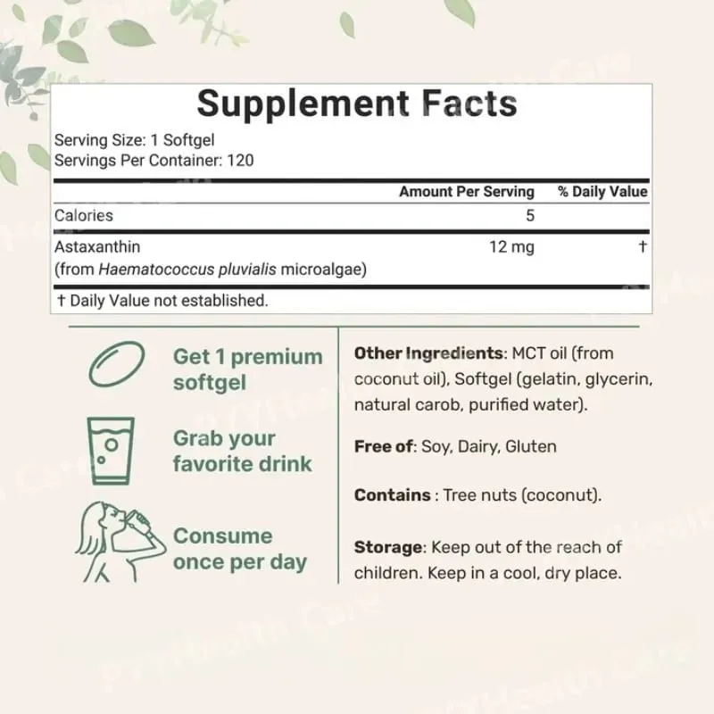 Astaxanthin 12mg Softgels with Oil From Plant-Based Microalgae with Oil Dietary Supplement 120 Pieces — image 5