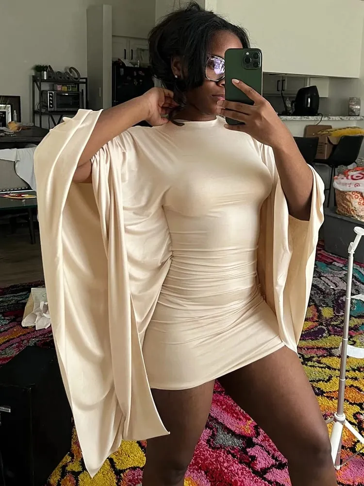 Weird Puss Sexy Bat Sleeve Dress Women Basic Classic Ruched O-Neck Stretch Skinny Coquette Midnight Party Club Peach Hip Bodycon — image 3