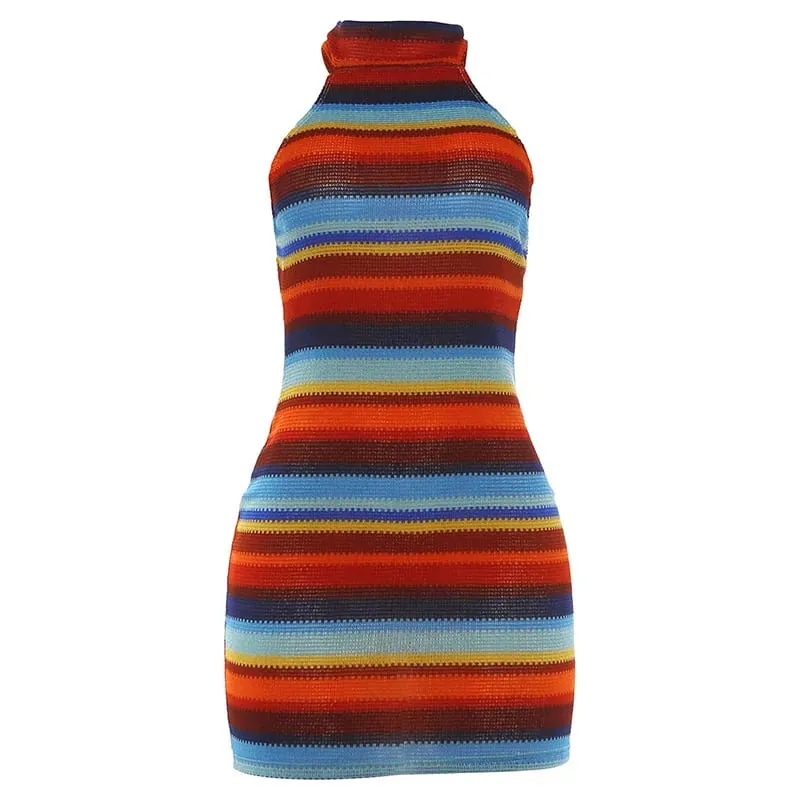 Cryptographic Striped Knit Halter Mini Dress Colorful Contrast Sleeveless Backless Summer Casual Clubwear Bodycon Short Dresses — image 8